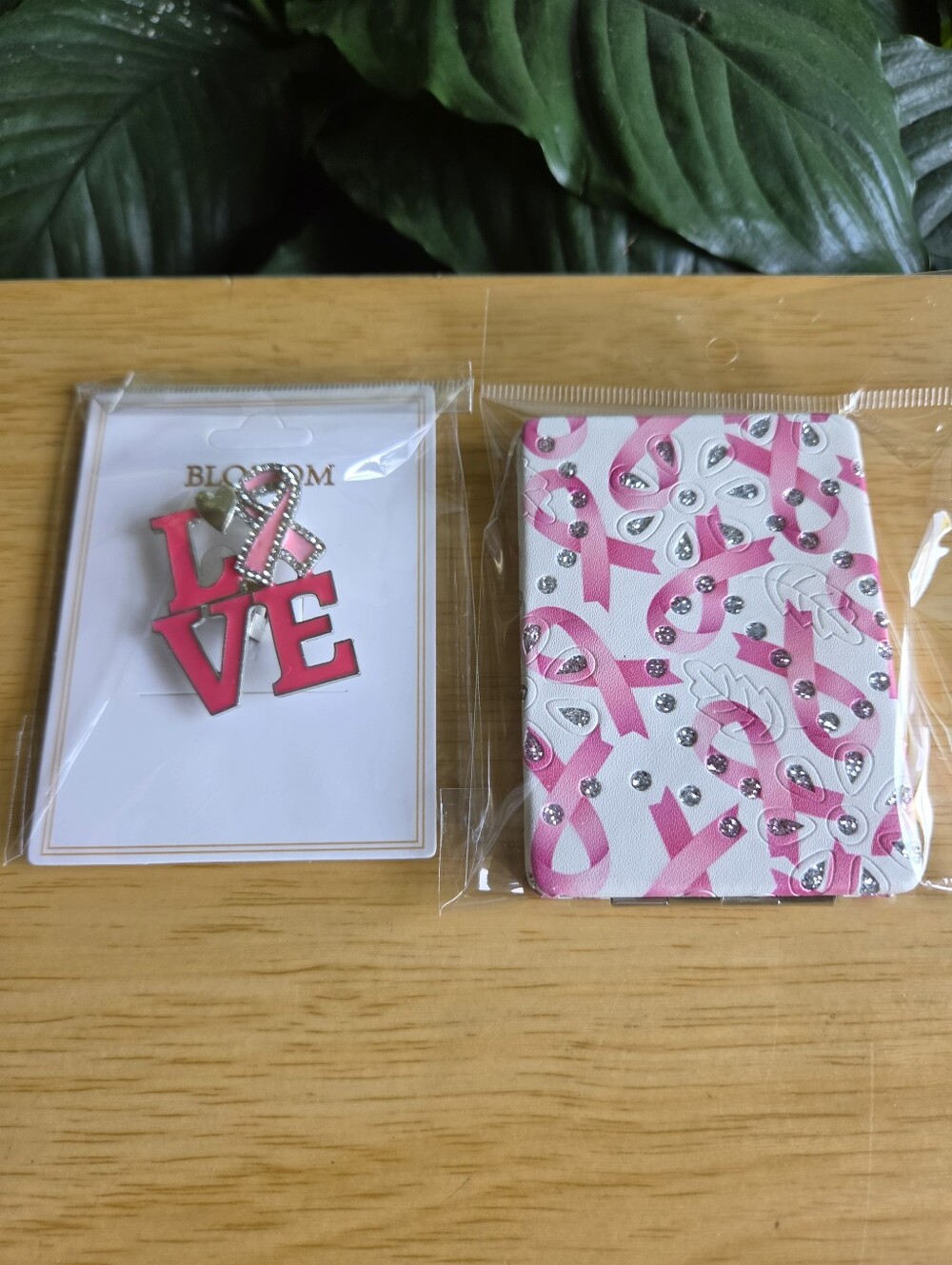 Pink Compact Mirror With Breast Cancer Awareness Logo And Love Brooch